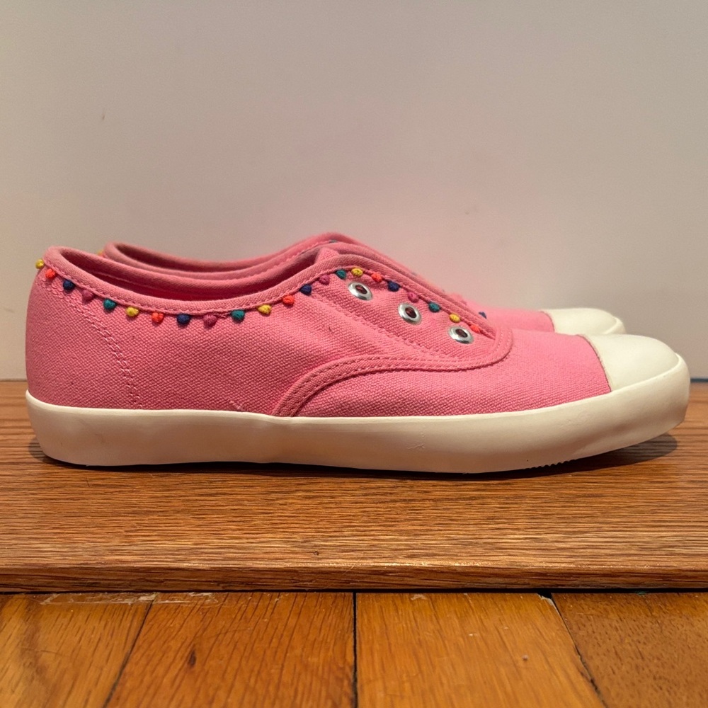 Mini Boden laceless slip on sneakers in bubblegum pink and multicolor detailing